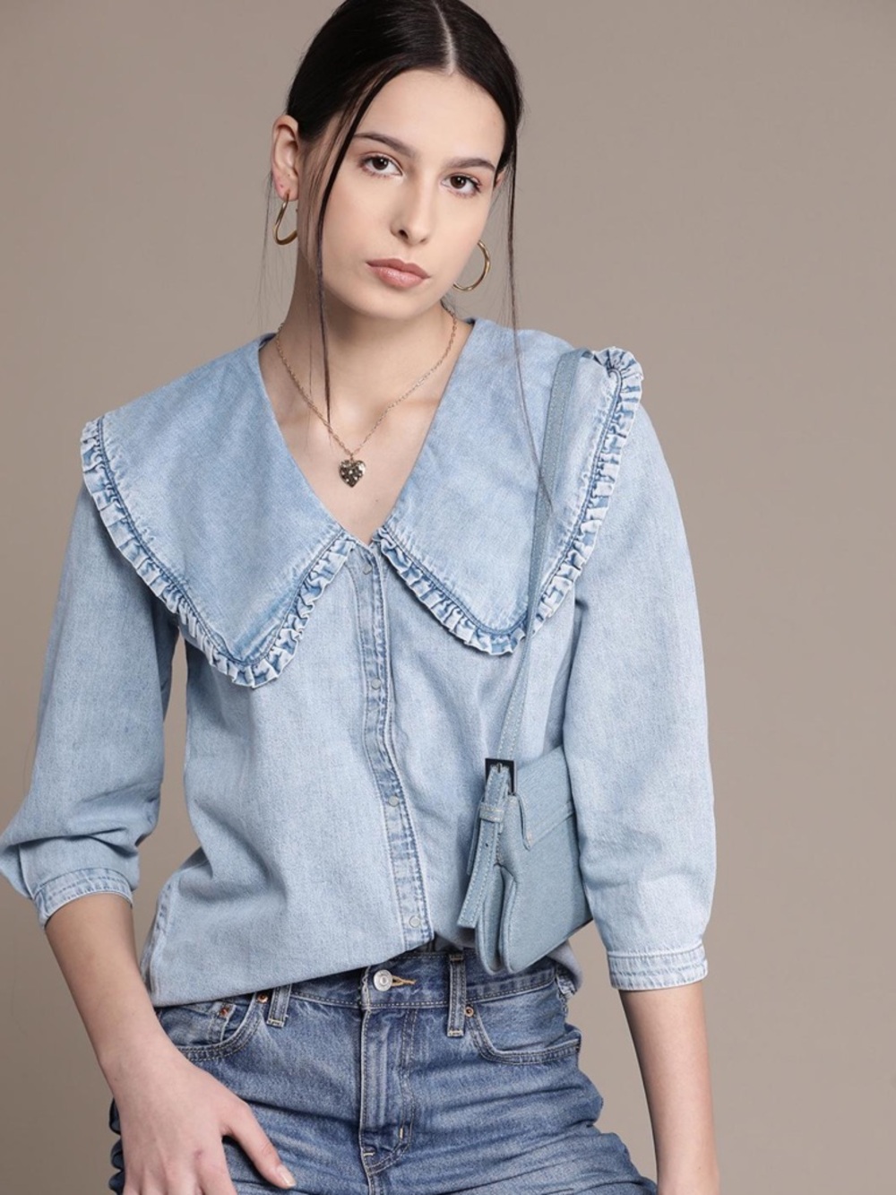 Mango Light Blue Denim Top with Oversized Ruffle Collar